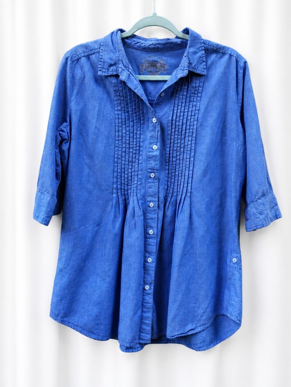 U.S. Polo Assn. Blue Tunic Top Button Front Roll Tab Sleeve/Sides Pintuck Cotton